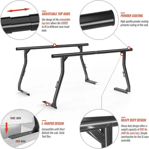 Vista 4 de AA-Racks - Soporte de escalera de acero extensible de 800 libras de capacidad para camioneta, juego de dos barras ideal para uso constructivo, negro