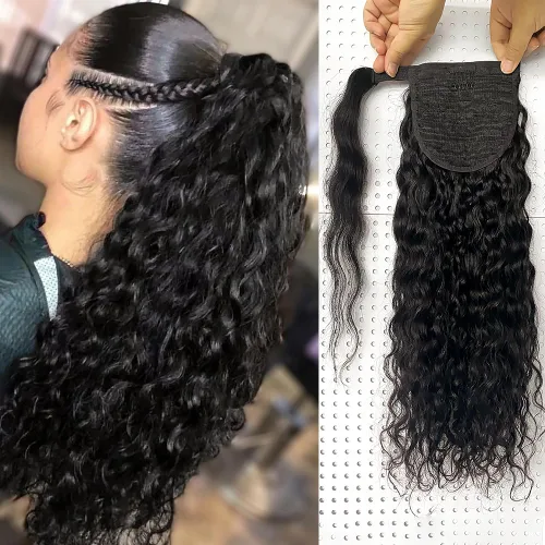 Vista 18 de Extensiones de cola de caballo con correa de cabello humano rizado, 100% cabello brasileño sin procesar, cola de caballo, pasta mágica con clip
