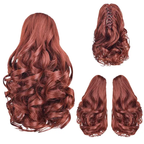 Vista 6 de Cola de caballo con clip, color castaño rojizo, ondulado de 10 pulgadas, extensión de cola de caballo de 3.3 onzas, extensiones de cabello sintético