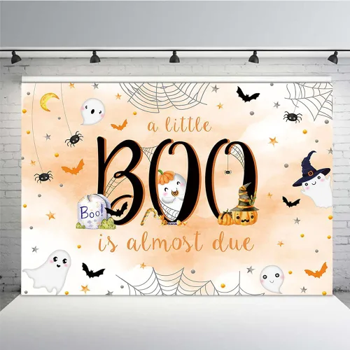 Vista 7 de MEHOFOND Telón de fondo de Halloween de 7 x 5 pies para baby shower con texto en inglés "A Little Boo is Almost Due Blue Water" para niño