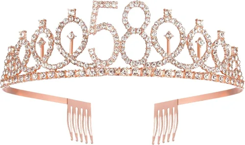 Vista 2 de BRT Bearingshui Tiara y banda de oro rosa para mujer, suministros de fiesta de cumpleaños número 58