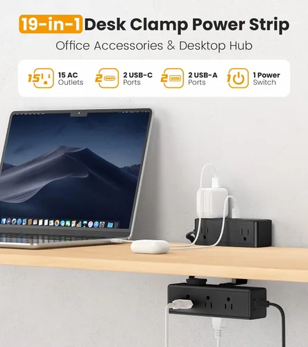 Vista 2 de Regleta de alimentación con abrazadera de escritorio de doble capa, protector de sobretensiones de montaje en borde de escritorio con 4 puertos USB