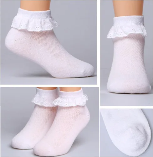 Vista 4 de Twtility - Calcetines de encaje con volantes y ojales para bebé y niña, de algodón, con volantes