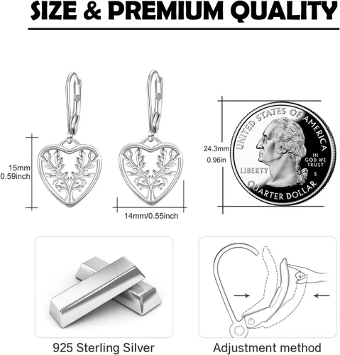 Vista 2 de Aretes colgantes con forma de corazón, plata de ley 925, aretes colgantes con forma de árbol de la vida, hipoalergénicos con corazón para orejas