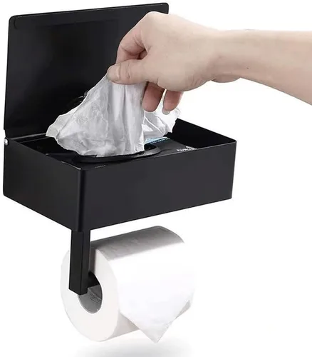Vista 2 de Soporte de papel higiénico con estante para teléfono SUS 304 de acero inoxidable montado en la pared Soporte de rollo de papel higiénico adhesivo