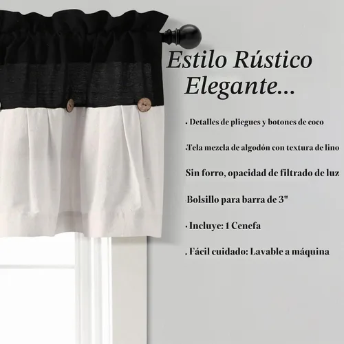 Vista 6 de Lush Decor - Cenefa para cortina con botones de lino estilo granja, 52 pulgadas de ancho x 18 pulgadas de largo, negro y blanco - Valances