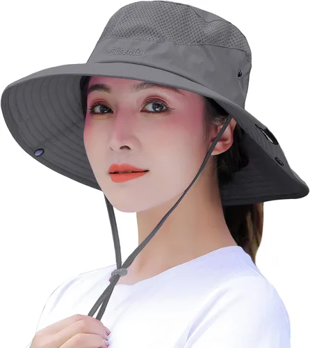 Vista 9 de Sombrero de cola de caballo para mujer, ala ancha, protección UV, malla para playa, pesca, jardinería