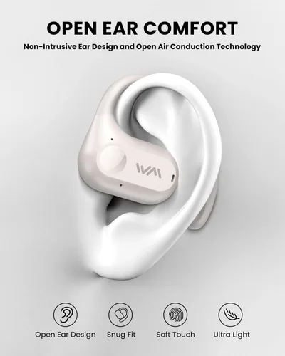 Vista 2 de Auriculares de oreja abierta, auriculares inalámbricos Bluetooth 5.3 con conducción de aire, ajuste cómodo y seguro, graves potentes, llamadas Beige