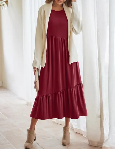 Vista 5 de HAEOF Vestido largo de manga larga para mujer, de cintura alta, holgado, casual, asimétrico, escalonado, plisado, acampanado, vestido largo