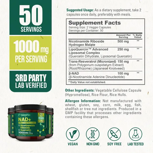 Vista 5 de biophix Suplemento liposomal NAD+ para mujeres y hombres, 1000 mg por porción, ribósido de nicotinamida, resveratrol micronizado y complejo