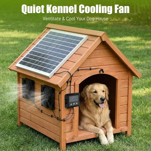 Vista 4 de Ventilador solar de 25 W para gallinero con batería y batería de 2000 mAh, 3 modos inteligentes, ventiladores dobles de 4.7 pulgadas, ventilador