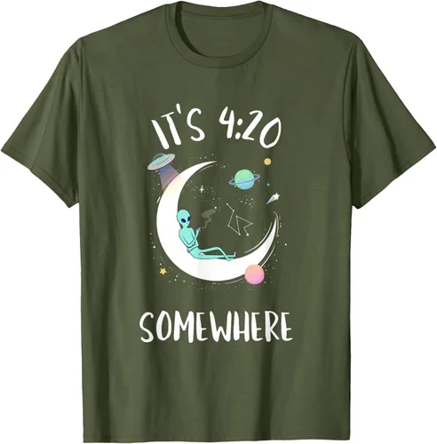 Vista 31 de Funny Weed Joint Smoking Moon Alien It's 4:20 Somewhere Camiseta, Negro, S