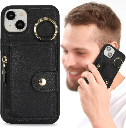 Vista 3 de Funda para iPhone 14 Plus con tarjetero, color negro Funda con cremallera y ranura para mujer y hombre
