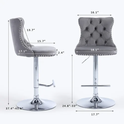 Vista 195 de SoarFlash Juego de 2 taburetes de bar tapizados de terciopelo moderno con patas de madera, botones acolchados, cabeza de clavo cromada, asiento
