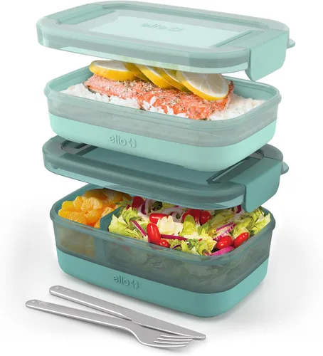Vista 9 de Ello Juego de 2 contenedores de almacenamiento de alimentos de plástico para lonchera, tipo Bento, con tapas de plástico herméticas, a prueba