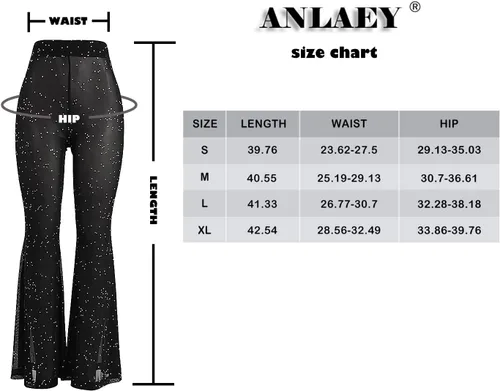 Vista 7 de Anlaey Pantalones de baile de malla transparente para rave, con lentejuelas brillantes, acampanados, cintura alta, para festivales, clubes, trajes