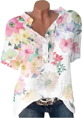 Vista 2 de Blusas de verano para mujer, cuello en V, ajuste holgado, cómodas, de algodón, lino, estampado floral, blusas a la moda 2023