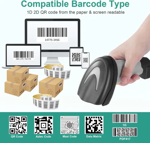 Vista 2 de Escáner de código de barras, escáner de código QR de mano conexión con cable USB 1D 2D y PDF417 Matriz de datos Lector automático de códigos