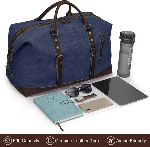 Vista 33 de S-ZONE - Bolsa de viaje de lona sobredimensionada con adornos de cuero genuino, bolsa deportiva de hombro de fin de semana, bolso de fin de semana