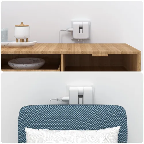 Vista 7 de Extensor de salida de pared plana con puertos de carga USB, tira de alimentación giratoria de 180°, 2 puertos USB, enchufe plegable de 2 clavijas