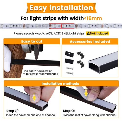 Vista 5 de Muzata Paquete de 20 canales LED de aluminio negro con cubierta blanca lechosa U102 BW 1M 18x8.5mm Wide LED Channel, Fits Up to 16mm Strips, U102
