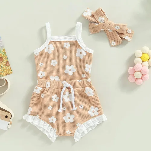 Vista 3 de Newborn Baby Girls Clothes Sets Waffle Floral Print Sleeveless Bodysuits+Ruffles Drawstring Summer Shorts+Headband
