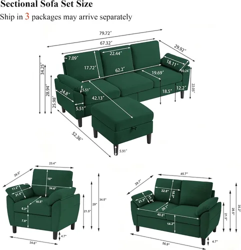 Vista 2 de Juego de sofá modular convertible, sofá en forma de L de 79 pulgadas con otomana, sofá biplaza, sillón, sofás pequeños de 6 plazas para espacios
