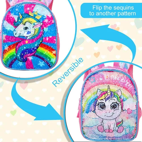 Vista 10 de AGSDON Mochila para niños pequeños con correa, 9.5 pulgadas, correas de seguridad de unicornio para bebé, bolsa de libros extraíble