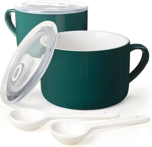 Vista 11 de Tazones de sopa con asas y cucharas, cuenco de cerámica para ramen de 30 onzas con tapa, tazas grandes para fideos instantáneos, cuencos grandes