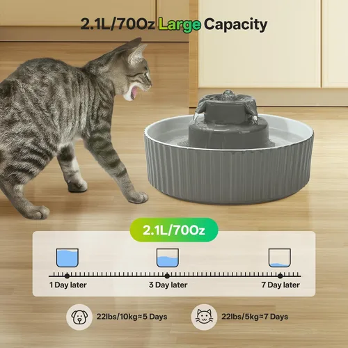 Vista 2 de Fuente de agua de cerámica para gatos, dispensador de porcelana de 2.1L/70 onzas para beber mascotas con 4 filtros de repuesto y esponja, cuenco