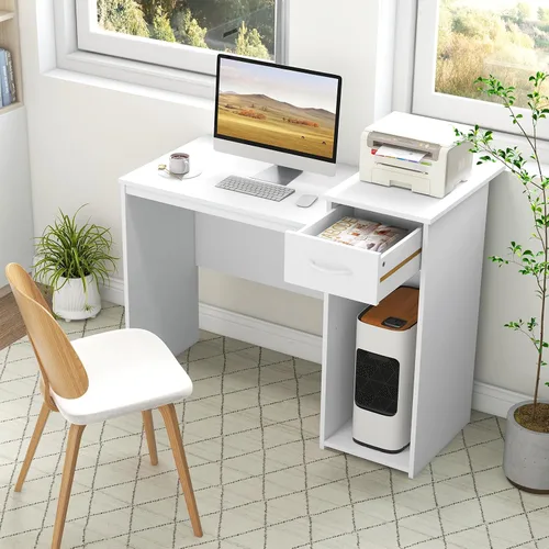 Vista 2 de Giantex Escritorio para computadora con almacenamiento, moderna mesa para computadora portátil con estante para impresora, cajón, soporte para CPU
