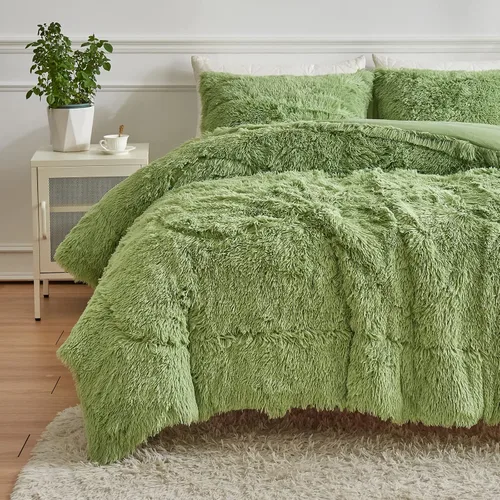 Vista 26 de Wajade Juego de edredón de felpa de pelo sintético teñido anudado negro, juego de ropa de cama mullido y peludo, juego de edredón de microfibra