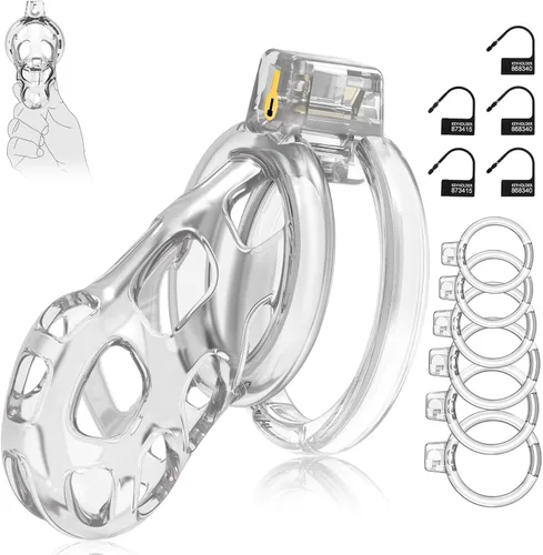 Vista 10 de Dispositivos de Jaula de Castidad Masculina - Jaula de Pene de Silicona Suave y Ligera para Hombre, Cintura de Castidad Transparente con Candado