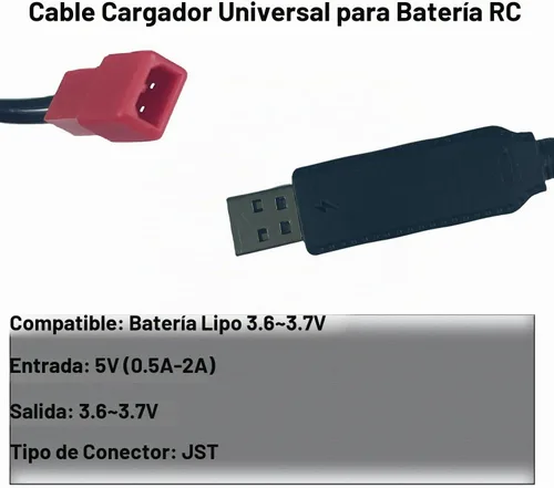 Vista 4 de Cable de carga USB de 3.7 V con enchufe JST de 2 pines compatible con automóvil RC, avión, tanque, barco y otros juguetes de control remoto
