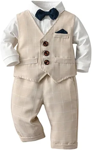 Vista 25 de IDOPIP Trajes de otoño e invierno para niños pequeños, camisa de manga larga con corbatín + chaleco + pantalones largos, overoles