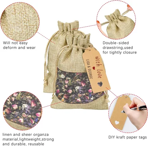 Vista 3 de GIOIPC 20 bolsas transparentes de arpillera de lino de 5 x 7 pulgadas con cordón y etiquetas de regalo adicionales para boda y cumpleaños, bolsas