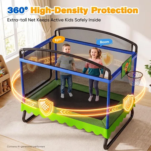 Vista 6 de Zupapa - Trampolín rectangular para niños de 4 x 6 pies con red de seguridad, aro de baloncesto, marco de doble capa resistente, trampolín cuadrado