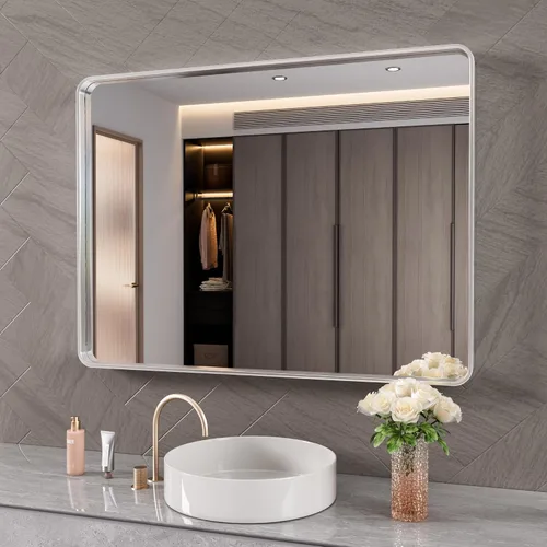 Vista 31 de JISOSO - Espejo de baño negro de 20x30 pulgadas con marco de metal negro, espejo de tocador rectangular redondeado con acabado mate para pared