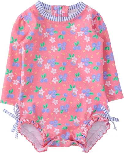 Vista 37 de RuffleButts - Traje de baño de una pieza con protección solar UPF 50+, camiseta de protección floral estampado, manga larga, con cierre zipper