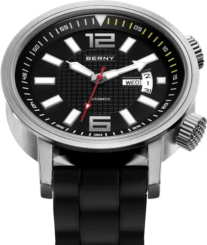 Vista 3 de BERNY Reloj de buceo mecánico automático para hombre, cuerda automática, correa de silicona, impermeable, 20ATM, cristal de zafiro, resistente a