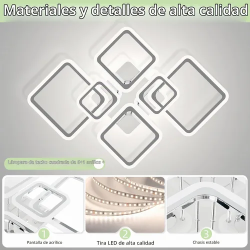 Vista 3 de Modernas luces LED de techo para dormitorio, 40.2 pulgadas, regulables, cuadradas, 6+1 anillos, luces de techo para sala de estar con control remoto