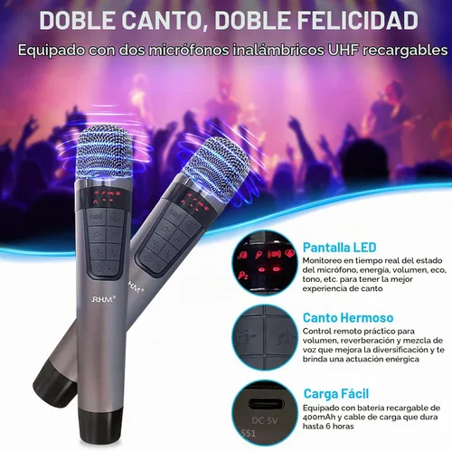 Vista 9 de Máquina de Karaoke RHM K222, Conexión a TV vía Óptica o Bluetooth, con Sonido Potente, Bajos Profundos, 2 Micrófonos Inalámbricos UHF y 5 Modos