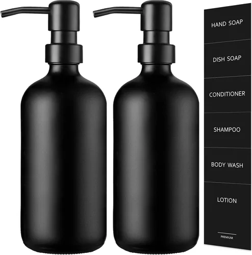 Vista 9 de Dispensador de jabón de vidrio ámbar GMISUN, juego de 2 dispensadores de jabón de mano para baño con bomba de acero inoxidable, juego de dispensador