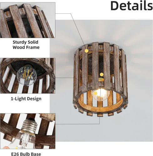Vista 2 de Lámpara de techo de montaje empotrado de granja, lámpara de madera cerca del techo, accesorios de iluminación rústicos de pasillo para cocina