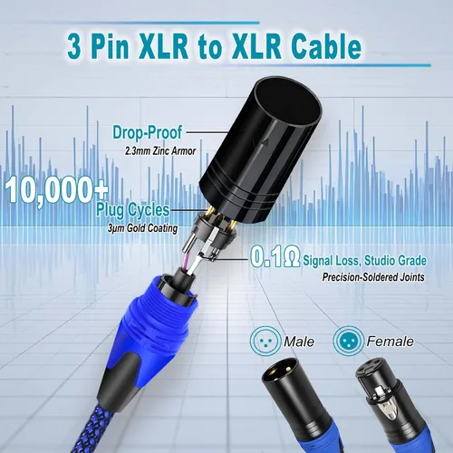 Vista 3 de Cable de micrófono XLR macho a hembra, de 6 pies, color azul Doble blindado, cobre libre de oxígeno, trenzado de nailon
