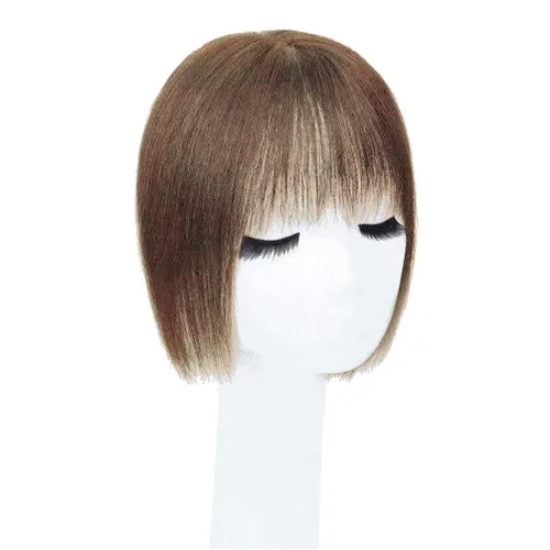 Vista 9 de Parte media parte de seda parte base cabello humano Topper 2.8x3.9 in frente recto clip en postizo con flecos Wispy 7.9 in negro apagado