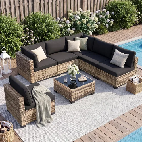 Vista 13 de FHFO 7 Piece Patio Furniture Set, Outdoor Wicker Sectional Sofa Set 1/ Gris Gris Claro