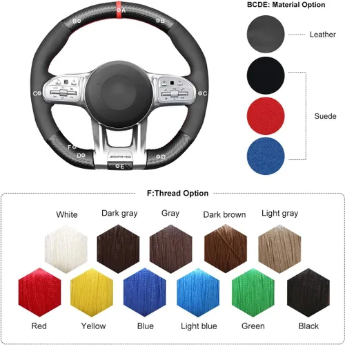 Vista 5 de MEWANT Fundas personalizadas para volante de automóvil de fibra de carbono y gamuza cosidas a mano para Mercedes-Benz AMG CLA CLS GLC GLE GLB S E