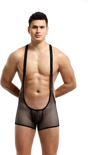 Vista 2 de Body tipo bóxer de malla para hombre, ropa interior para lucha libre Negro