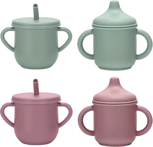 Vista 9 de Juego de tazas de silicona para niños pequeños, 2 tazas con popote y 2 tazas para bebés de 6 meses, tazas de entrenamiento a prueba de derrames a